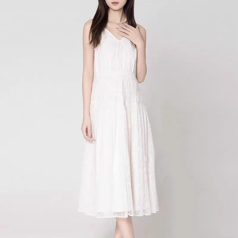 商场同款女装夏气质收腰显瘦蕾丝V领中长款白色吊带夏季连衣裙女