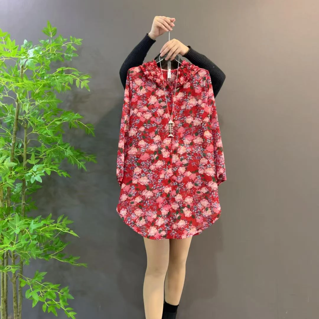 25301春夏季薄款防晒洋气宽松连帽开衫花衬衫女时尚百搭中长款