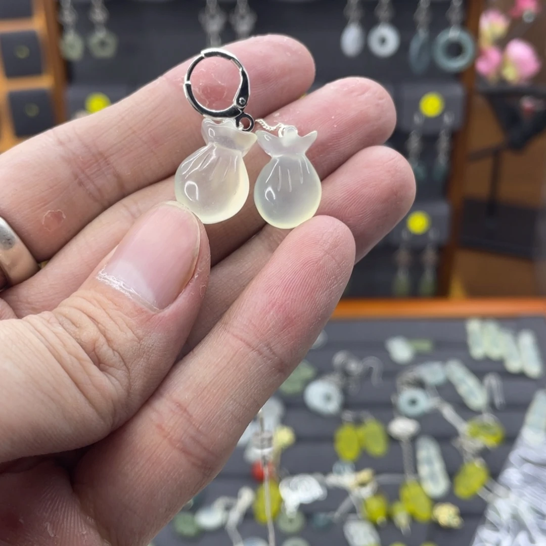 蛇纹石玉耳饰银S925镶嵌7**8