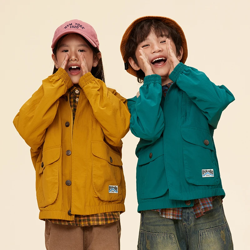 Its smile 24秋装儿童复古尼龙猎装夹克男女童户外防风多口袋外套