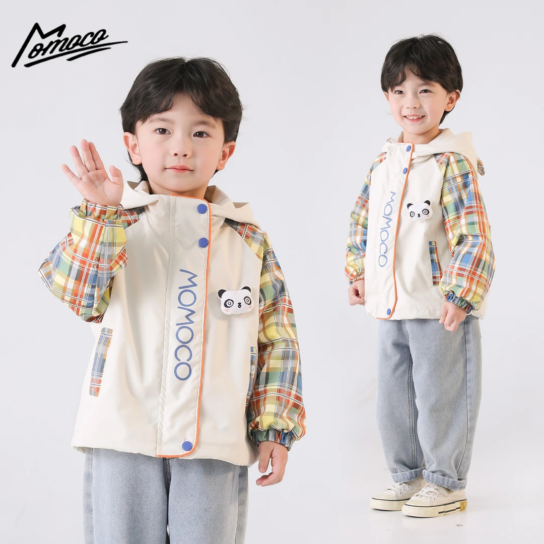 MOMOCO2025春款男女童时尚拼色格子可爱熊猫玩偶外套77180138003