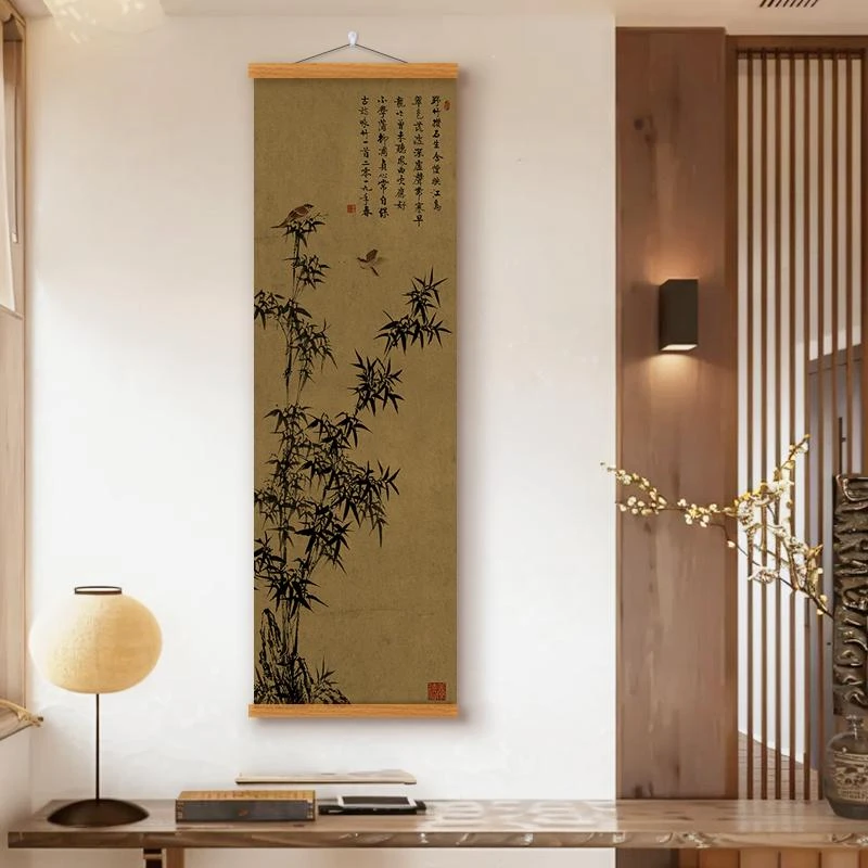 新中式墨竹古韵竹报平安花鸟挂画复古玄关书房书法字画挂字画书法