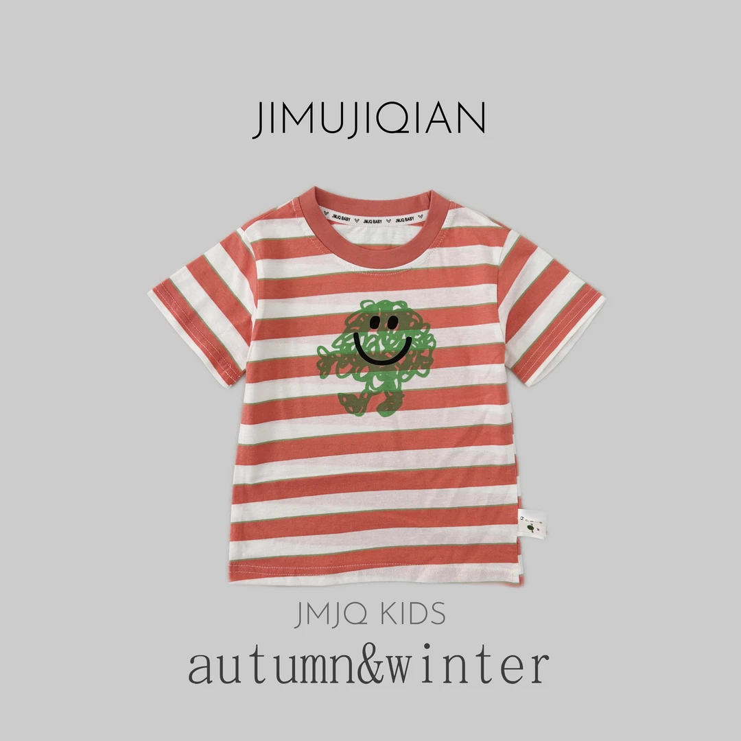 JMJQ夏季中小童韩版亲肤色织条纹清爽彩色印花短袖体恤20627