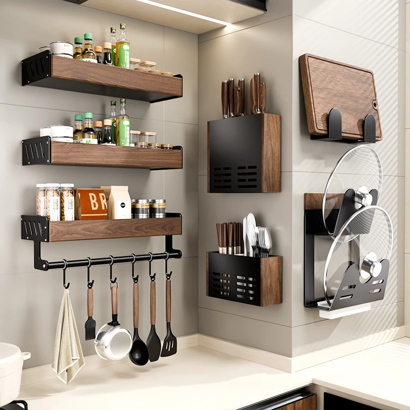 胡桃木厨房调料品挂壁式置物架多功能筷子刀架调味料多层收纳架子