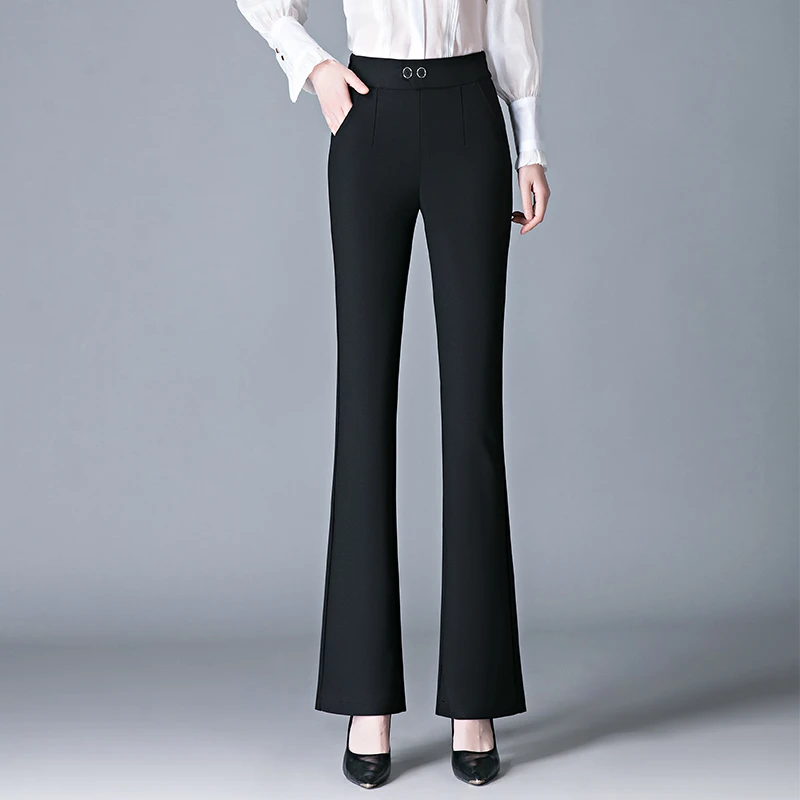 天眼面料西装微喇裤女秋季新款2025高腰弹力垂感黑色阔腿喇叭裤子