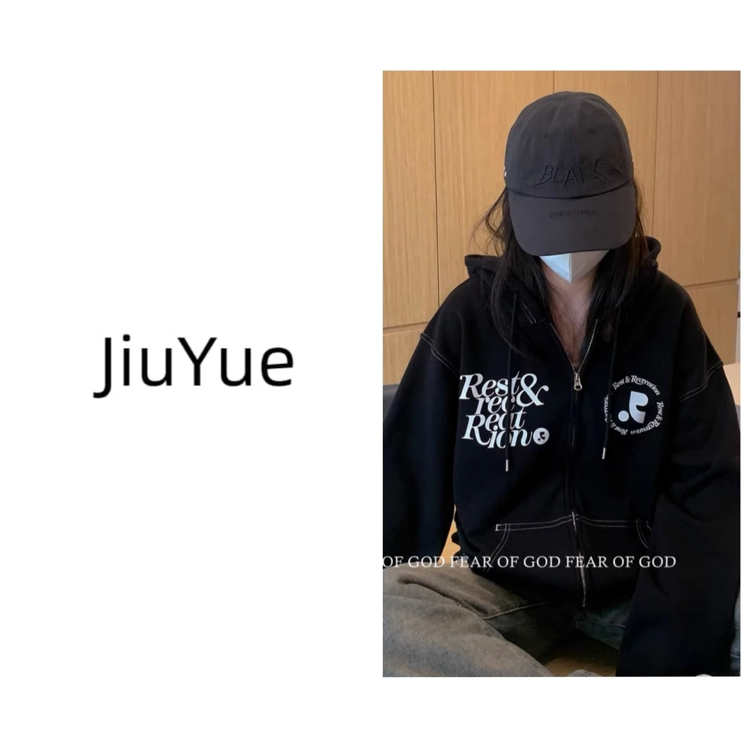 JIUYUE-现货【刘宪华同款】RR字母印花拉链加绒潮牌宽松情侣外套