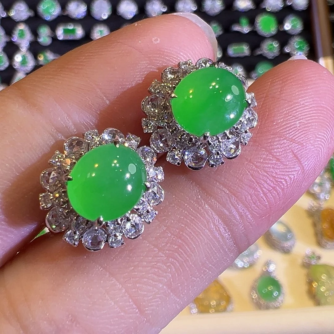 翡翠耳饰18K金镶嵌高冰种满色蛋面无包容