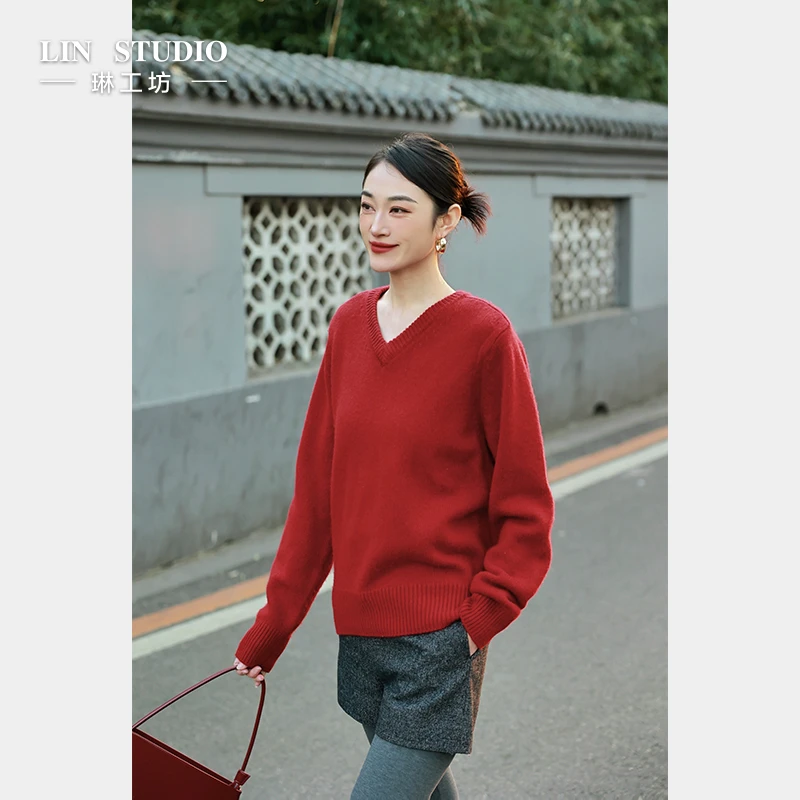 【山羊绒+绵羊毛】琳工坊红榴红色针织衫显瘦气质时尚唐琳设计师