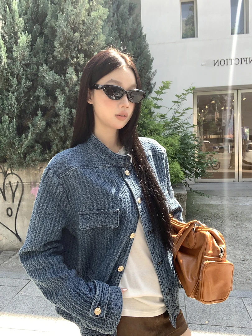 美式复古蓝色牛仔香风外套女2025秋新款宽松立领夹克百搭气质上衣