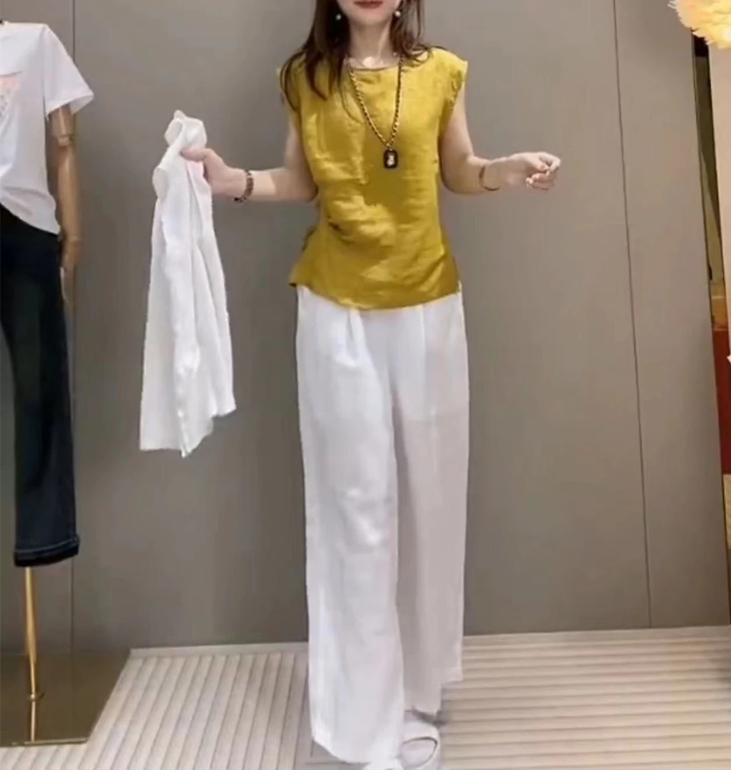 洋气新款时尚收腰无袖上衣高腰阔腿长裤女装ww