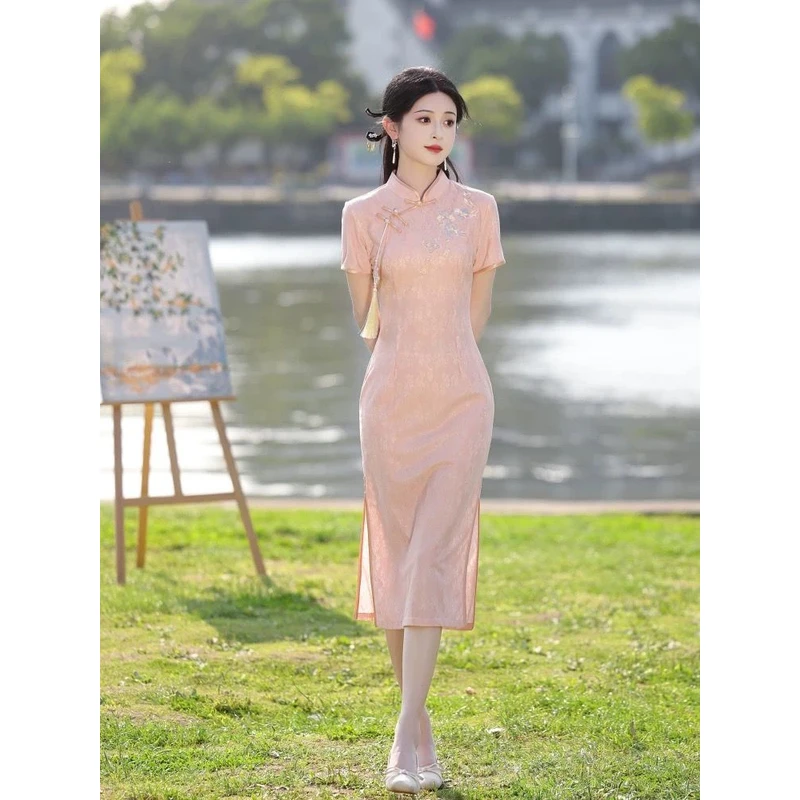 旗袍女夏季中长款新款刺绣年轻款修身收腰小个子新中式国风连衣裙