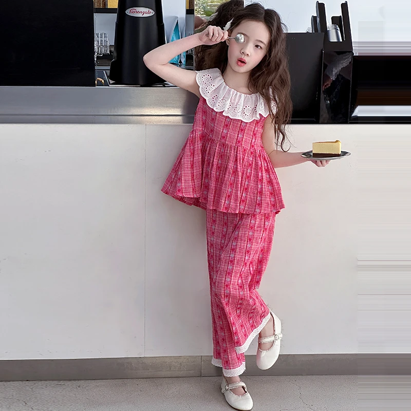 女童套装夏装2025新款韩版红格阔腿裤蕾丝娃娃衫甜美田园两件套潮