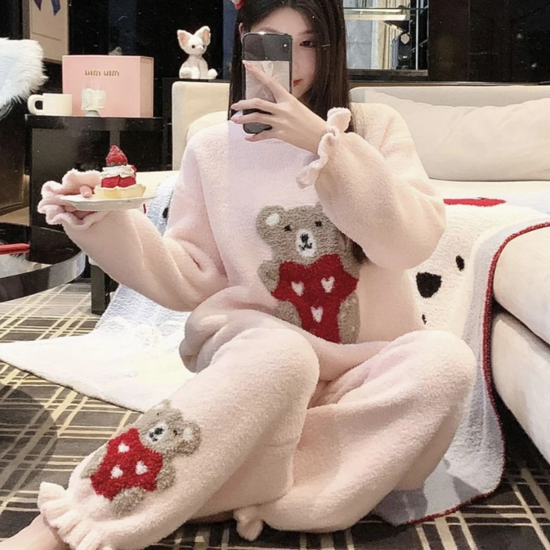 可爱卡通小熊花苞粉色秋冬加厚加绒女睡衣套装保暖家居服外穿