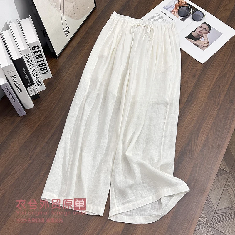 (简约垂感阔腿亚麻裤)897春夏基础净色抽绳收腰显瘦休闲裤W