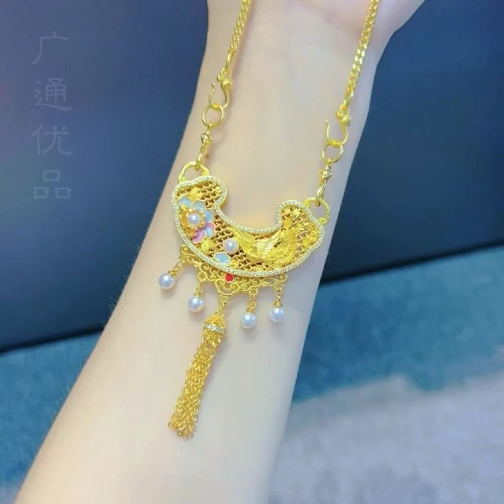 铜合金吊坠 新中式镶嵌螺钿凤穿牡丹流苏项链复古轻奢气质百搭