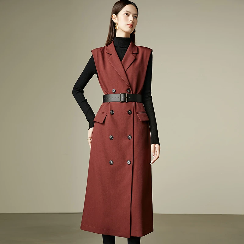 晚白春季新款简约休闲裙子纯色无袖收腰西装连衣裙24101415