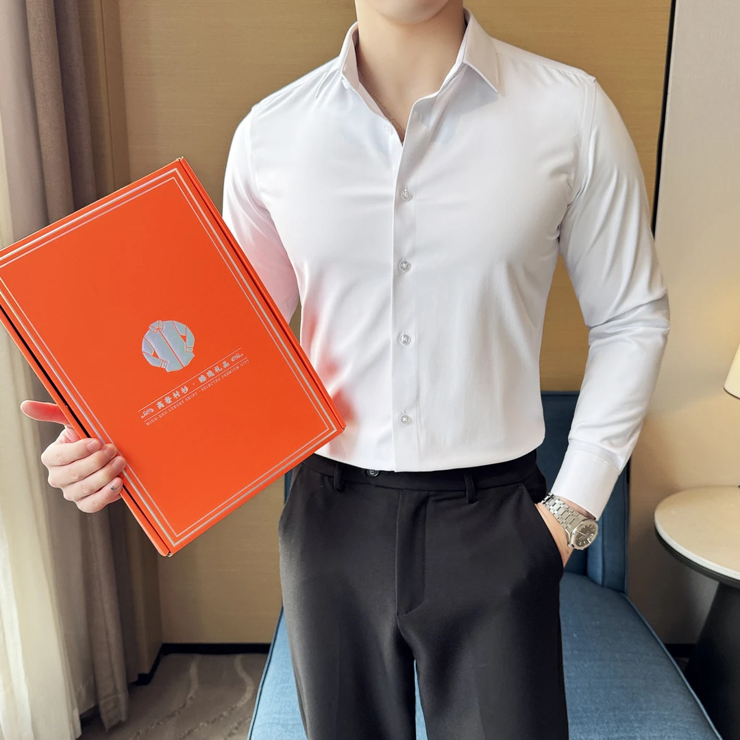 男士礼盒包装莫代尔绵羊毛长袖高奢衬衫休闲简约时尚商务衬衣打底