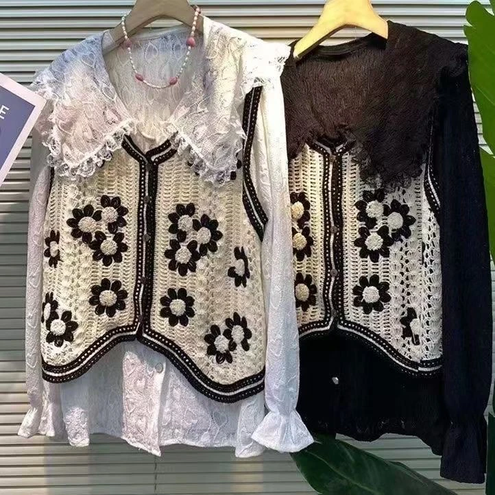 胖胖家*5317新款娃娃领马甲减龄百搭大版蕾丝衬衫马甲两件套