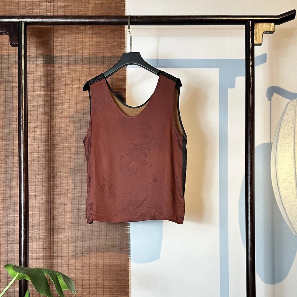 云裳四宜—100桑蚕丝香云纱桑波缎香云纱四面穿V领背心JX8942