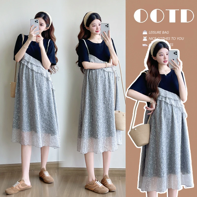 孕妇装小众设计感拼接T恤气质假两件套连衣裙高腰显瘦