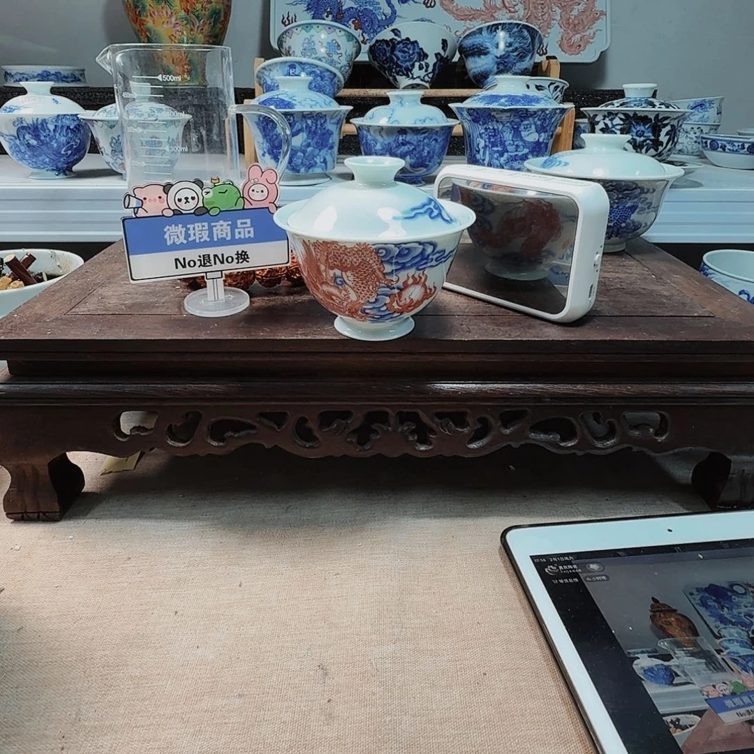 泥塑早**Q盖碗手工手绘微不合缝