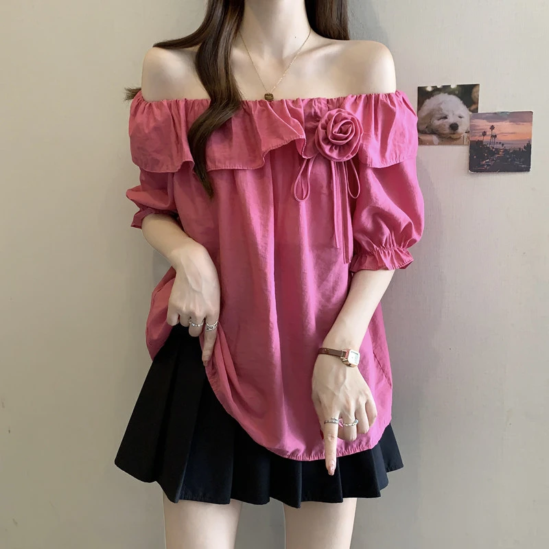 大码女装一字肩上衣女夏季超仙荷叶边法式小众衬衫气质甜美雪纺衫