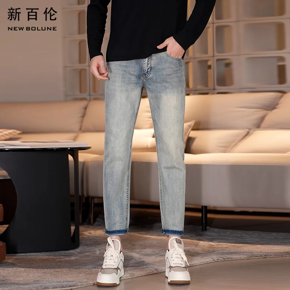 新百伦秋冬浅色男士牛仔裤潮流2025年新款弹力修身直筒男款九分裤
