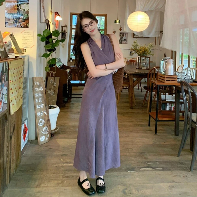 【现货+运补】夏季紫色无袖挂脖背心半身裙子女法式显瘦长裙2130