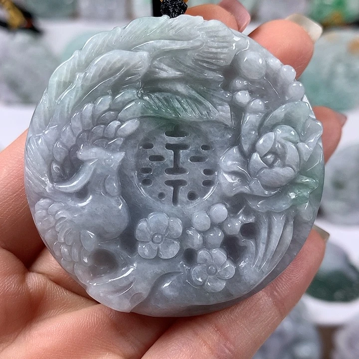 翡翠未镶嵌颈饰山水双喜临门两面工艺福利