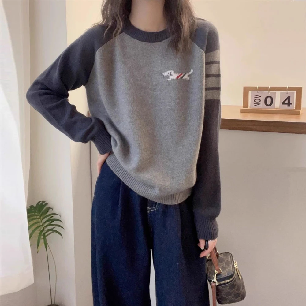 秋冬新款极简慵懒风复古撞色小狗刺绣针织毛长袖衣女软糯打底上衣
