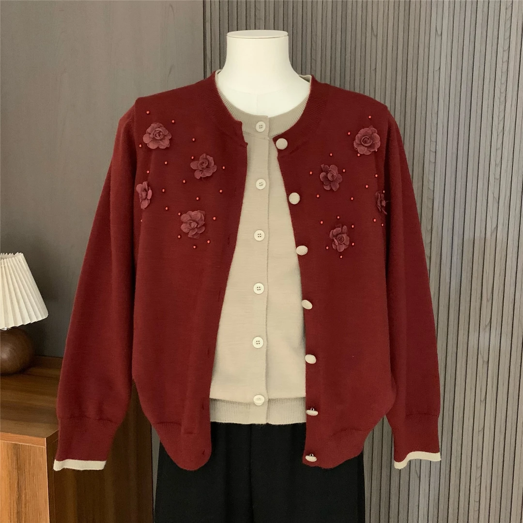 洋气妈妈秋装针织开衫中年女装立体花上衣中老年春秋外搭毛衣外套