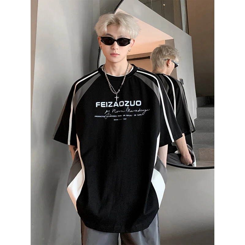 机车风条纹纯棉短袖t恤男夏季美式潮牌重磅半袖潮流宽松五分中袖