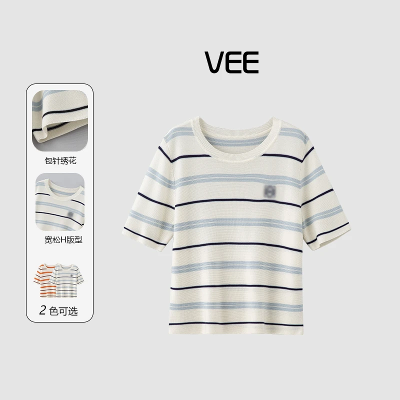 VEE【元气衫】【专属】25夏新品时尚休闲百搭天丝彩色条纹针织套头衫