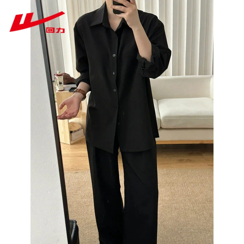 回力夏季宽松垂感慵懒风休闲冰丝衬衫男士港风简约舒适纯色上衣服