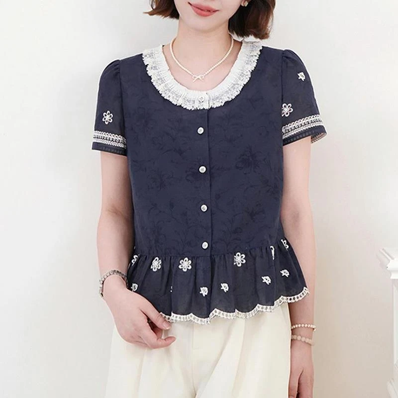 2025夏季新款女士小个子木耳边衬衫短袖t恤时尚洋气减龄漂亮上衣