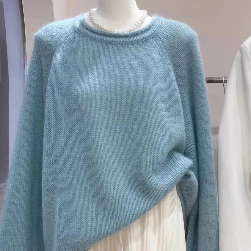 2-300斤胖mm大码针织湖蓝色圆领卷边毛衣秋冬新款内搭温柔风上衣