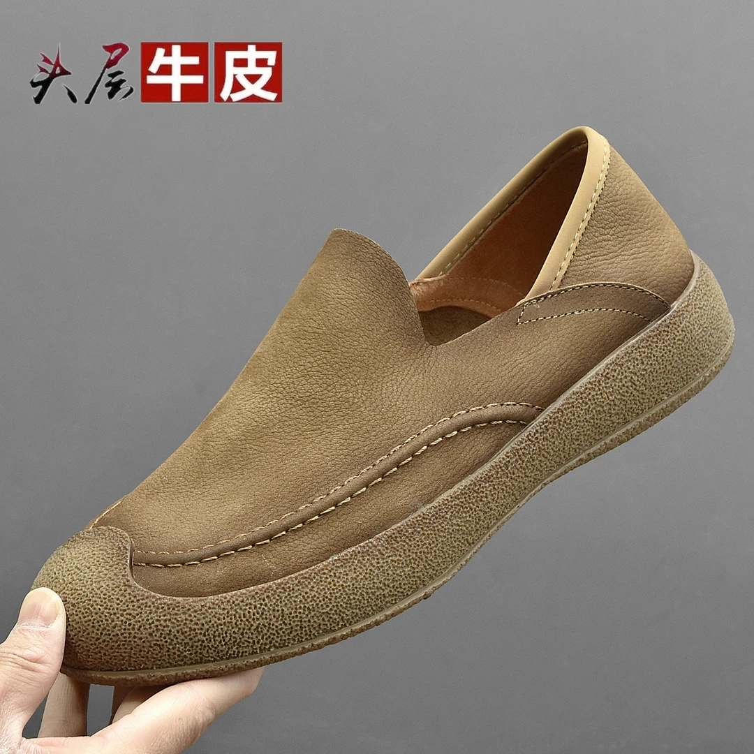 休闲皮鞋男真皮一脚蹬男鞋春季新款复古低帮鞋子透气软底软面