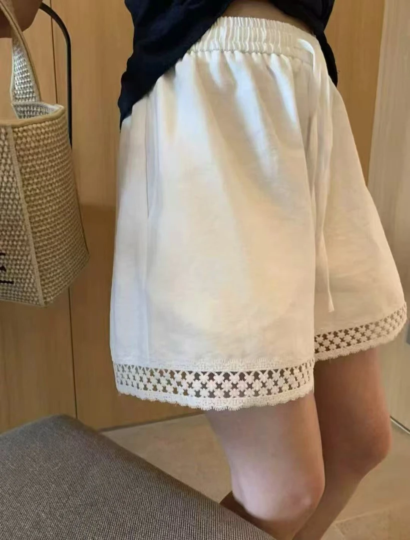 Z.X 镂空蕾丝拼接松紧腰麻料休闲短裤 4231（K1）