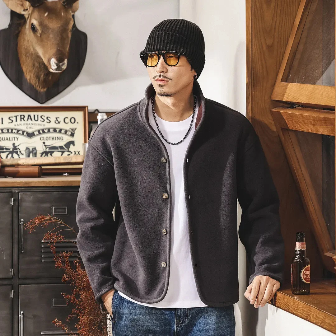 美式复古重磅半高领摇粒绒外套男士秋冬新款保暖夹克内胆抓绒衣男