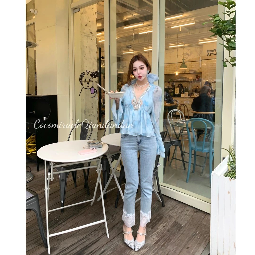 钱丹丹-【纤云裤影】新款钉珠花朵拼接九分烟管牛仔裤W51KZ201