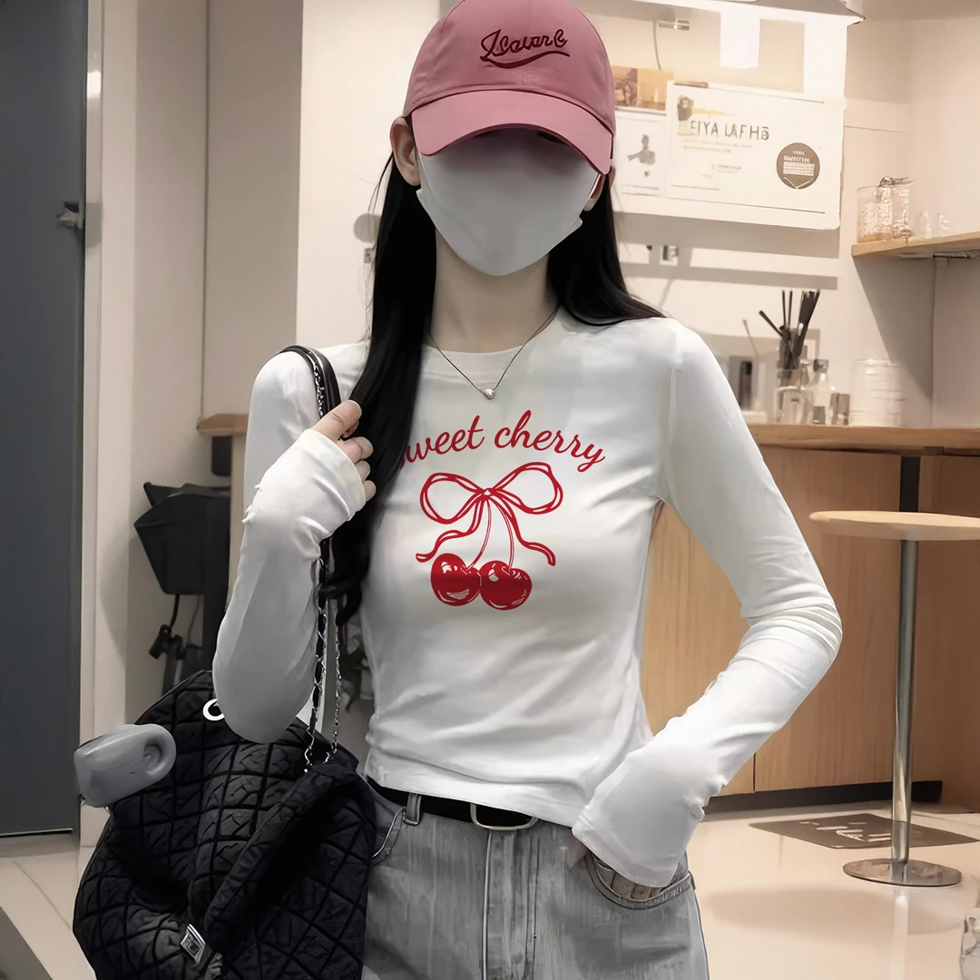 2025新款秋冬季圆领别致修身长袖T恤女洋气慵懒风白色上衣打底衫