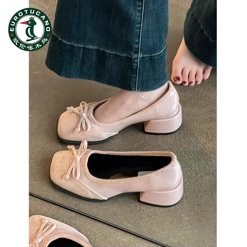 欧伦啄木鸟法式复古蝴蝶结粗跟高跟鞋女2025夏芭蕾皮鞋玛丽珍单鞋