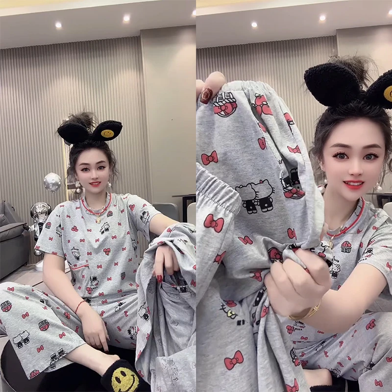 早春新款睡衣女卡通凯蒂猫短袖时尚宽松休闲学生可外穿家居服套装