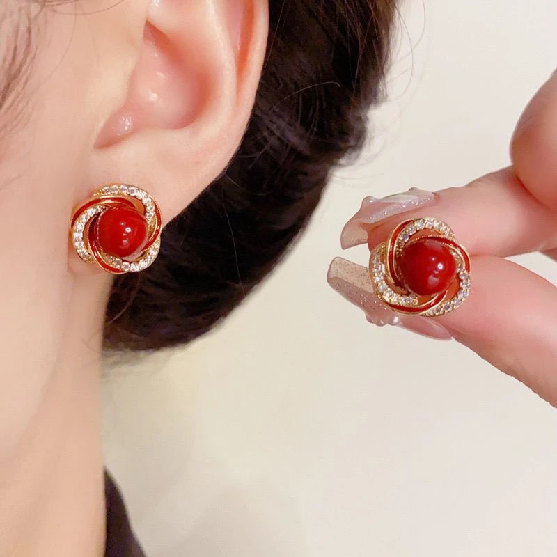 铜合金耳饰 红色国风轻奢女日韩法式设计感优雅时尚复古耳钉8900