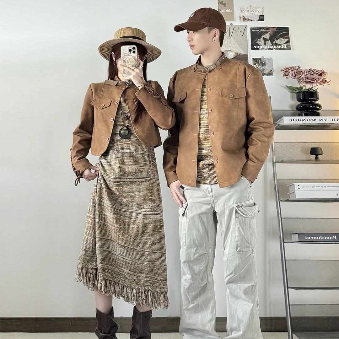 2025新款美拉德情侣夹克高级感法式复古时尚外套针织裙两件套秋冬