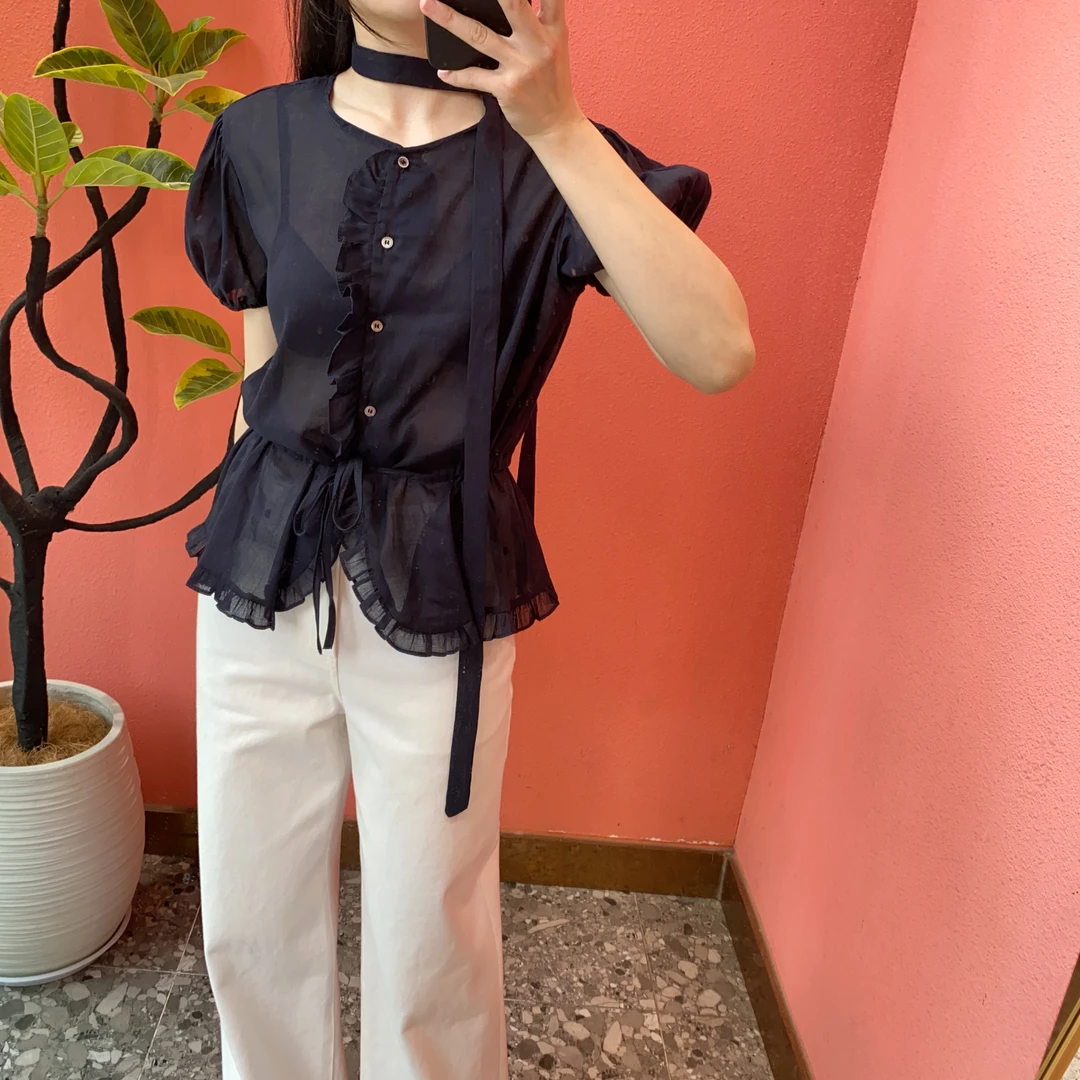 （默茗服装）藏青色收腰透视小衫