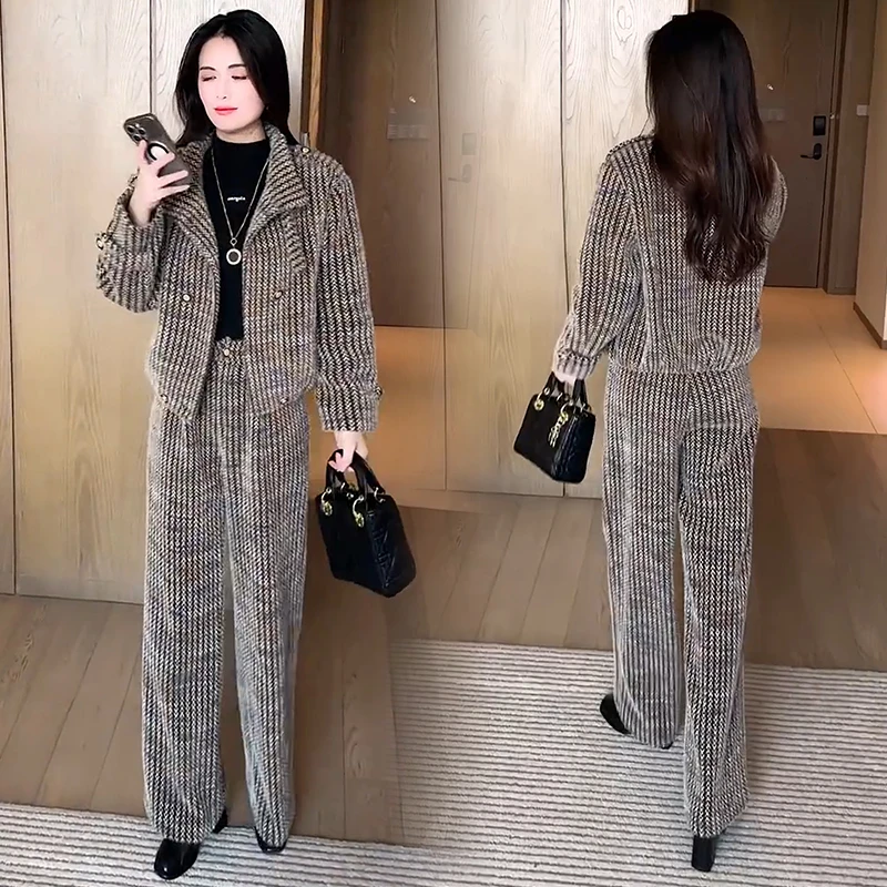 加厚时尚套装女2025秋季新款洋气显瘦小香风短外套阔腿裤两件套潮