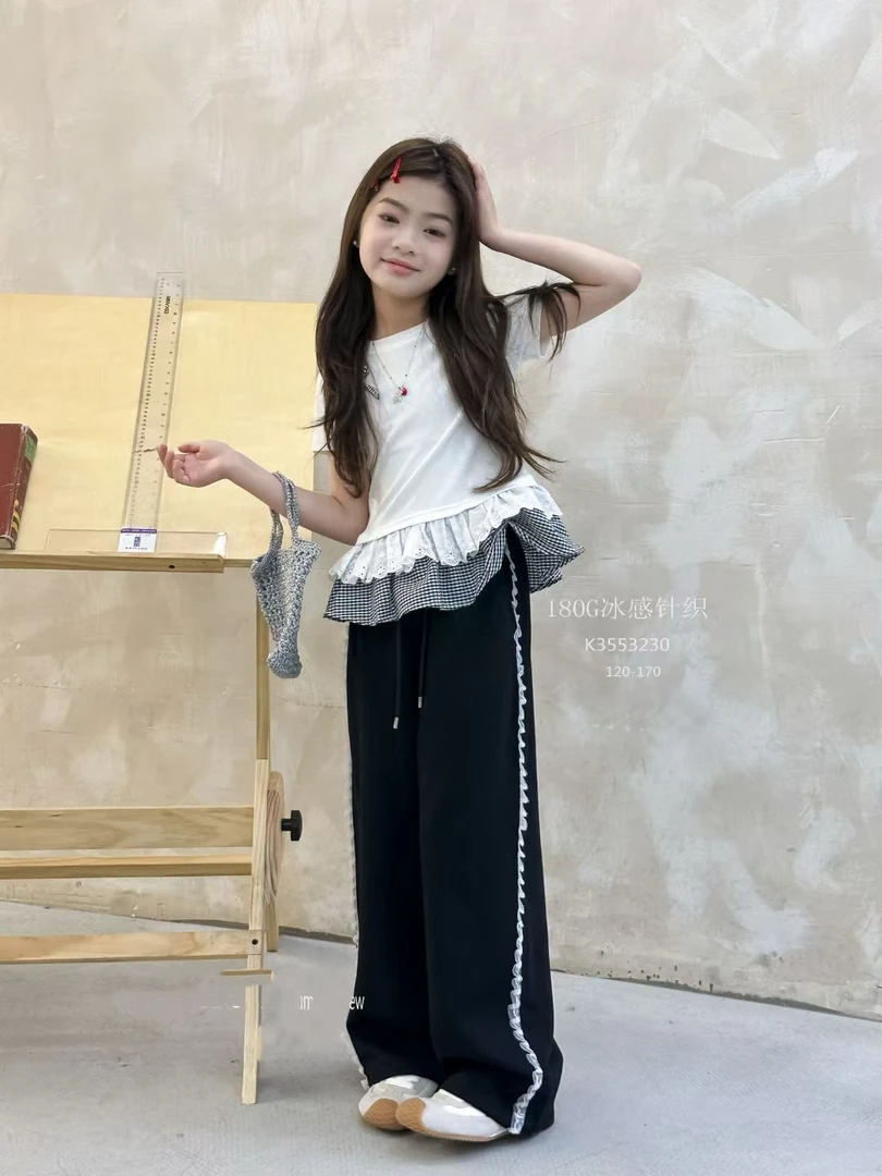 《丁丁优选》3230夏款女童洋气百搭宽松蕾丝边薄款直筒休闲运动裤