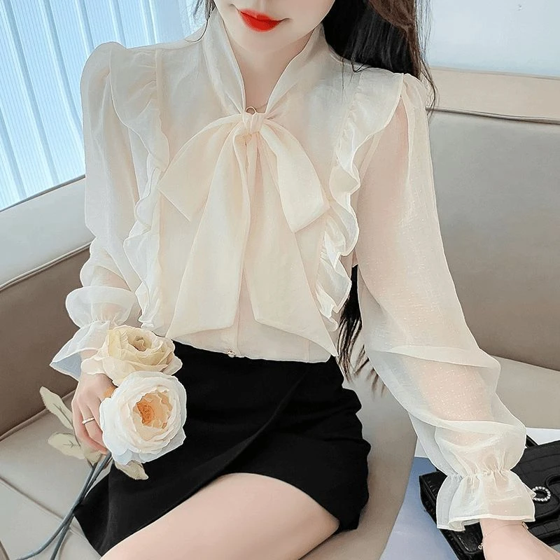 春秋新款洋气法式上衣荷叶打底衬衣女蝴蝶结2025气质雪纺衫时尚