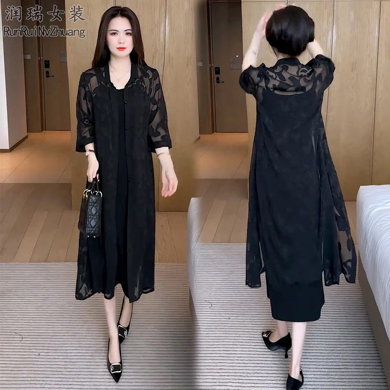 女装风衣黑色女夏季外搭上衣中长款防晒衣薄款蕾丝两件套提花套装